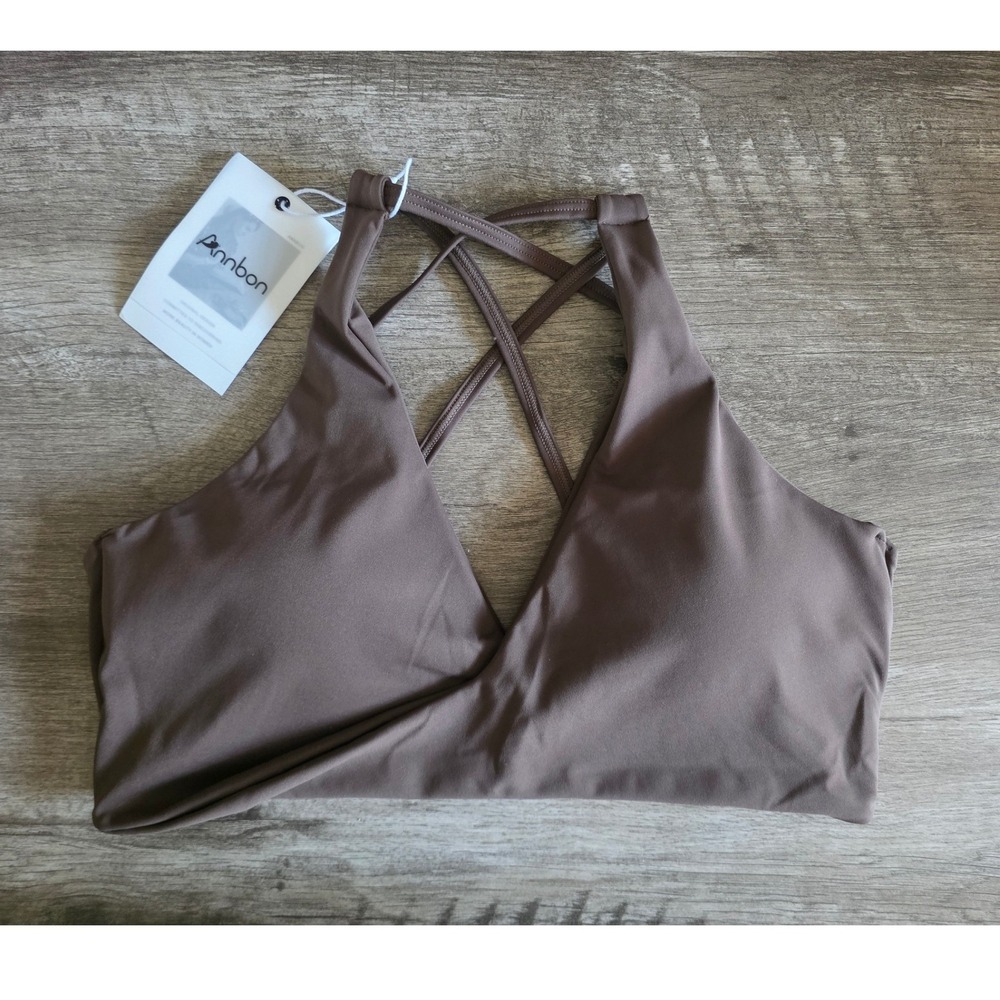 Annbon Womens Strappy Crisscross Back Sports Bra Mocha Brown Size Large NWT